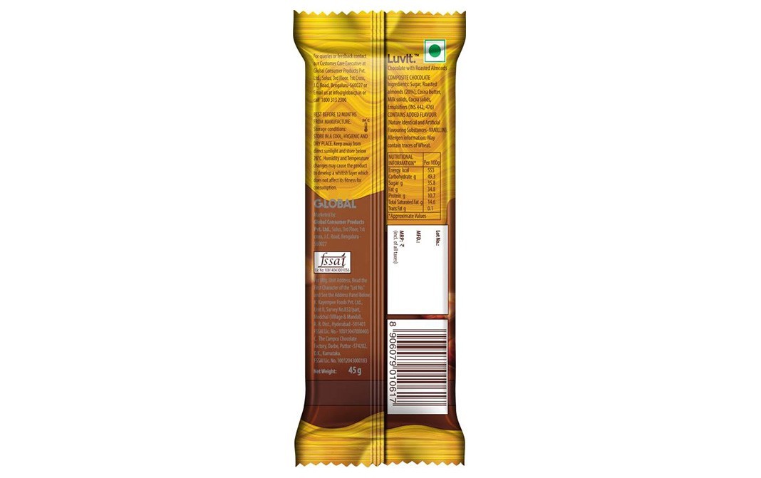 Luvit Luscious Silky Smooth Chocolate With Roasted Almond   Pack  45 grams